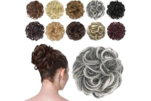 FESHFEN Chignon Postiche Cheveux Extensions Gris Bouclés Ondulés Naturel Synthétique Chouchou Postiche de Cheval Faux Chignon Elastique pour Femme, 42g Gris avec Mèches Blanches