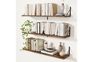 Feihorrm Floating Shelves, Wall Book Shelf with Brackets, 90 cm Wall Shelves Set of 3, Particleboard Wooden Shelf for Kitchen, Bathroom, Bedroom, Living Room(Vintage Brown, 90 x 20 cm)