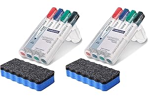 Staedtler 351 WP4 Lumocolor - Rotuladores para pizarra blanca, 4 unidades en estuche, surtido de colores en paquete con borrador azul, rotuladores y borrador azul, 2