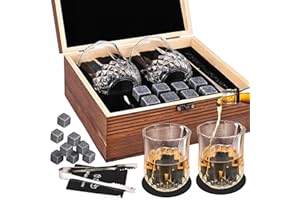 GOLDGE Ensemble de Cadeaux Pierre a Whisky, 8 Pierres de Refroidissement en Granit Noir Poli FDA-Vite Refroidissement, 2 Verres à Whisky & Pincettes de Barman & Deluxe Coffret en Bois