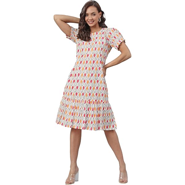 Rajnandini Women's Cotton Jaipuri Printed Western Dress - Pink & Yellow A-Line Dress With 3/4 Sleeves