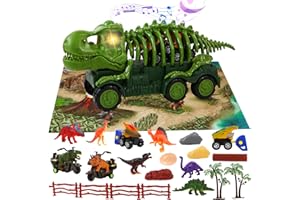 MINDWISSUP Dinosaur Truck Toy, Tyrannosaurus Transport Skeleton Car with Sounds and Lights, 6 Dino Figures, 4 Mini Dino Cars, Dinosaur Play Mat, Dinosaur Eggs & Trees for Boys and Girls 3-7 Years Old
