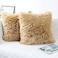 OYIMUA Beige 18 x 18 Inches Cushion Covers Pack of 2 Fluffy Soft Faux Fur Square Pillowcases, Luxury Home Decorative Super Soft Plush Pillow Covers Case 45cm x 45cm for Sofa Bed Living Room