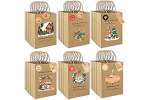 SZHHRXI 24 Stück Geschenktüten Weihnachten, 6 Motive Weihnachtstüten Papiertüten mit Griff, Weihnachtstaschen Kraftpapiertüten Geschenktasche für Weihnachten Partys, Mitbringsel, Adventskalender, Braun