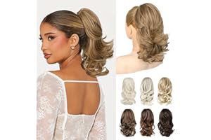 REECHO Ponytail Extensions, 14" Claw Clip in Ponytail Hair Extensions Curly Wavy Clip in Ponytail Natural Synthetic Fake Pony Tail Hair Pieces for Women