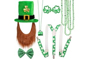 Qpout St. Patricks Party Kostüm Set, Shamrock Hut mit Bart, Shamrock Halsketten, Fliege, Brille, Hosenträger, Grün irische St. Patricks Day Party Kostüm Zubehör Dekoration