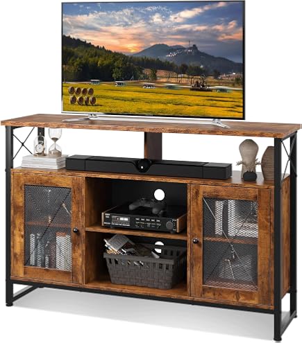 Meuble TV 140cm Avec 2 Armoires Et 2 étagères Réglables - Style Industriel Rustique - Pour TV Jusqu'à 60 Pouces