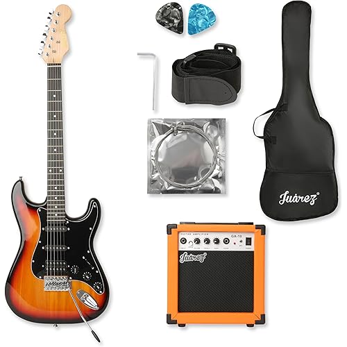 Juarez JRZ-ST01KIT-3TS Full-Size H-S-S Electric Guitar Kit for Beginners | Includes Amplifier, Cable, Strap, Picks & Gig Bag – Sunburst