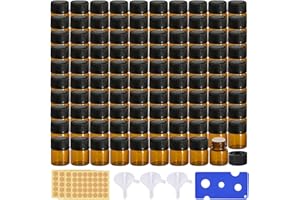 SUNOYA 100 Pezzi 1ml Mini Bottiglie di Vetro Marrone, Mini Amber Bottiglie per Oli Essenziali, Mini Bottiglie di Vetro Vuote Marrone, con 3 Hopper, 1 Apribottiglie, 4 Fogli Etichette