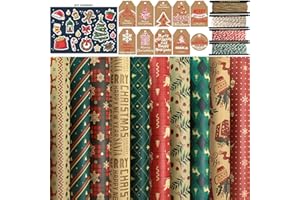 FullJoyHut Papel de Regalo Kraft Navidad con 10 Hojas Reciclable Papel de Regalo Navideño Grande 70x50cm,10 Etiquetas Regalo,4 Rollo Hilo Yute Cuerda Algodon para Decoración Navideña