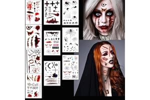 ‎VNFSMY 10 Blätt Halloween Tattoo Narben, Halloween kostüm Damen Herren Gesicht Aufkleber,Horror Kinder Erwachsene Gesichtstattoo, Vampir Hexe Narben Gruselig Gesicht Aufkleber, Spinnen, Schminke Aufkleber
