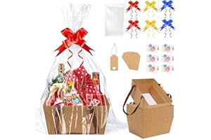 SelfTek 6 Set Gift Basket Hamper Kit, Empty Kraft Hamper Basket with Cellophane Bags, Pull Bows, Tags and Greeting Cards, Create Your Own Gift Baskets for Birthday, Christmas, Wedding