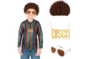 Lvefyti 4 Stück Pailletten Kostüm Junge,Kinder Perücke Jungen Glitzer Hemd Kinder Langarm 70er Disco Party Kostüm Afro Perücke Sonnenbrille Halskette 70s 80s Jahre Accessoires Cosplay Party Fever