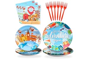 SCIONE 96 Pcs Adventure Plates Party Decorations,Party Supplies Tableware Set Includes Paper Plates,Napkins,Reusable Forks for Birthday Decorations,Travel Theme Party,Serves 24
