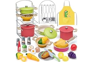 Tacobear Kinderküche Zubehör Kochset Topf Pfanne Edelstahl Kochgeschirr Set mit Obst Lebensmittel Schürze Spielküche Küchenzubehör Rollenspiel Spielzeug ab 3 Jahre Mädchen Junge Geschenk