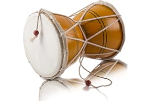 THE GREAT INDIAN BAZAAR Dumroo Damroo Damroo Damaru Handtrommel-Set aus Holz und Leder, handgefertigt, klassisches indisches Volks-Set, Percussion, dekoratives Sammlerstück, Weltmusikinstrumente (gelb)