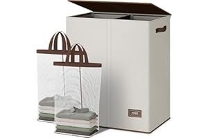 SOLEDI Panier a Linge avec Couvercle, Panier à Linge 2 Compartiment, 145L Corbeille a Linge, Paniere a Linge Sale pour Récupérer le Linge et Faire le tri, Bac a Linge pour Buanderie, Cremeweiß