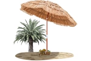 RELAX4LIFE Parasol Plage Hawaïen Inclinable Φ175 CM Hauteurs Réglables 1.4-1.9 M, Paille Tropicale 8 Baleines Sac de Transport, Style Exotique Balcon Plage Patio