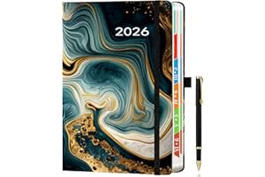 HWXBEN Agenda 2026 A5 – Giorno per pagina, da gennaio a dicembre, planner giornaliero e mensile con schede colorate, portapenne, 2 segnalibri, passante per penna, tasca interna – Nero