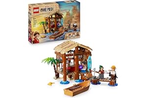 LEGO ONE PIECE La Capanna del Villaggio Foosha Giocattolo con Barca, Minifigure di Luffy, Shanks e Makino, Accessori e Poster Ricercato - Regalo per Bambini, Bambine e Fan degli Anime da 8 Anni 75636
