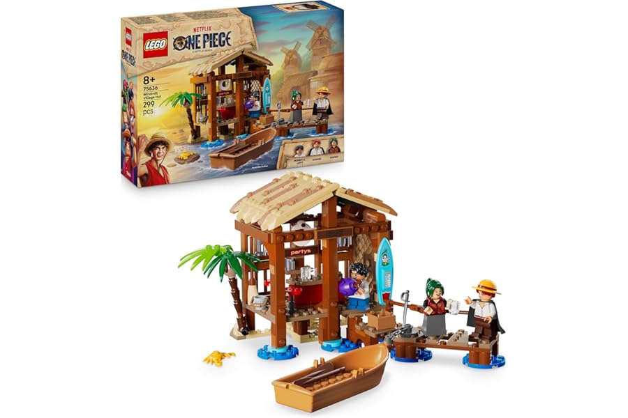 LEGO ONE PIECE La Capanna del Villaggio Foosha Giocattolo con Barca, Minifigure di Luffy, Shanks e Makino, Accessori e Poster Ricercato - Regalo per Bambini, Bambine e Fan degli Anime da 8 Anni 75636