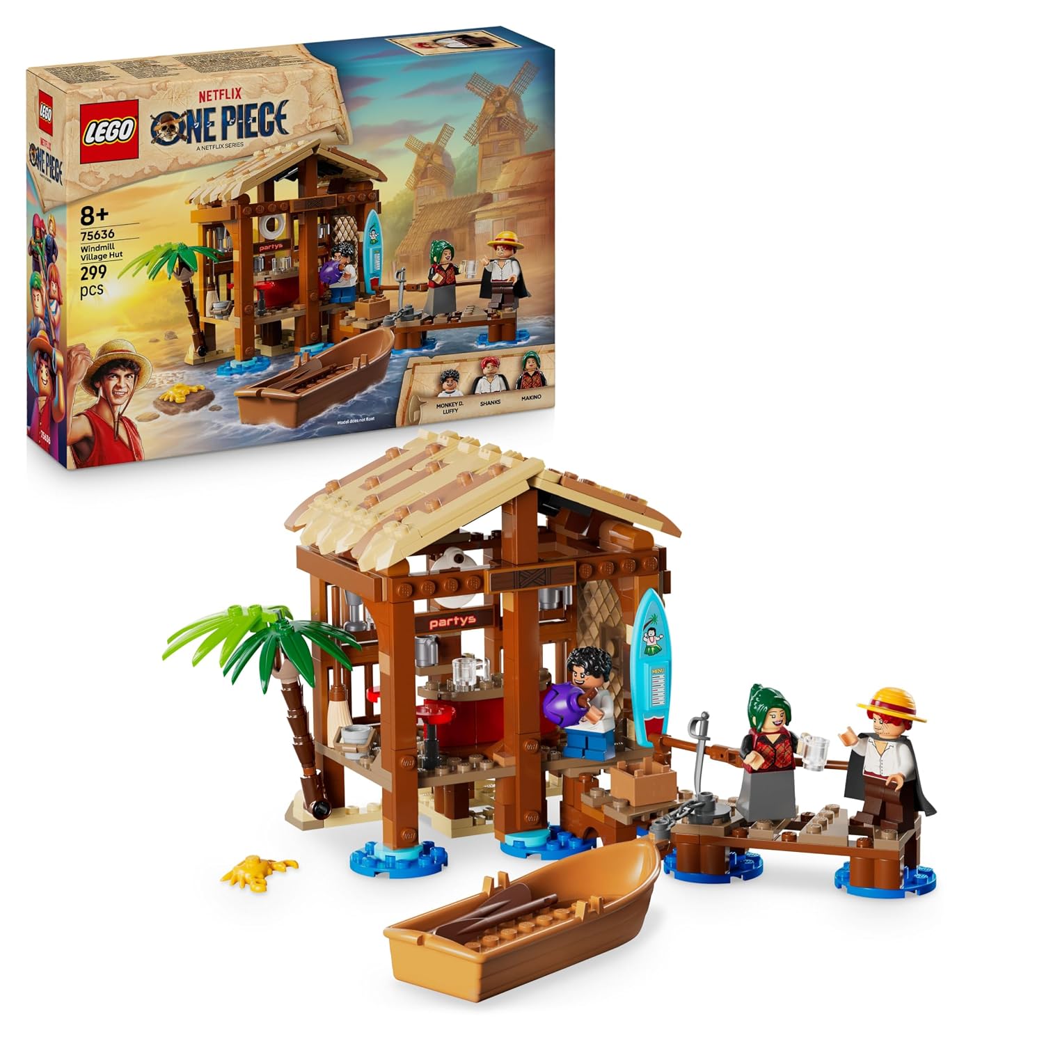 LEGO ONE PIECE Hut in Windmolendorp Bouwset, Piratenspeelgoed voor Kinderen, Animedecoratie, Speelset met een Winkel, Boot en Minifiguren van Luffy, Shanks en Makino 75636
