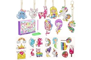 CAYUDEN Pittura Diamante per Bambinit, 15pcs Diamante Adesivi + 8pcs Portachiavi Doppio Lato DIY Diamond Painting Sticker Unicorno Diamante Portachiavi Mosaico Diamond Keychains Bambini 6-12 Adulti