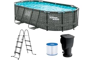 Summer Waves Frame Pool Komplettset | Oval 488x305x107 cm Grau | Aufstellpool Set | Gartenpool & Schwimmbecken inkl. Filterpumpe, Bodenvlies, Abdeckplane & Einstiegsleiter