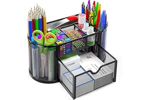 Pipishell - Organizer da scrivania in rete, multifunzione, per ufficio e articoli di cancelleria, con 8 scomparti e 1 cassetto, per ufficio, casa, scuola e aula