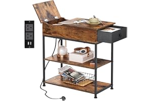 WLIVE Side Table, Narrow Side Table with Charging Station, Bedside Table with 2 USB & AC Outlets, Sofa Table with Fabric Drawer & Shelf, for Bedroom, Living Room - 30x60x61 cm, Rustic Brown
