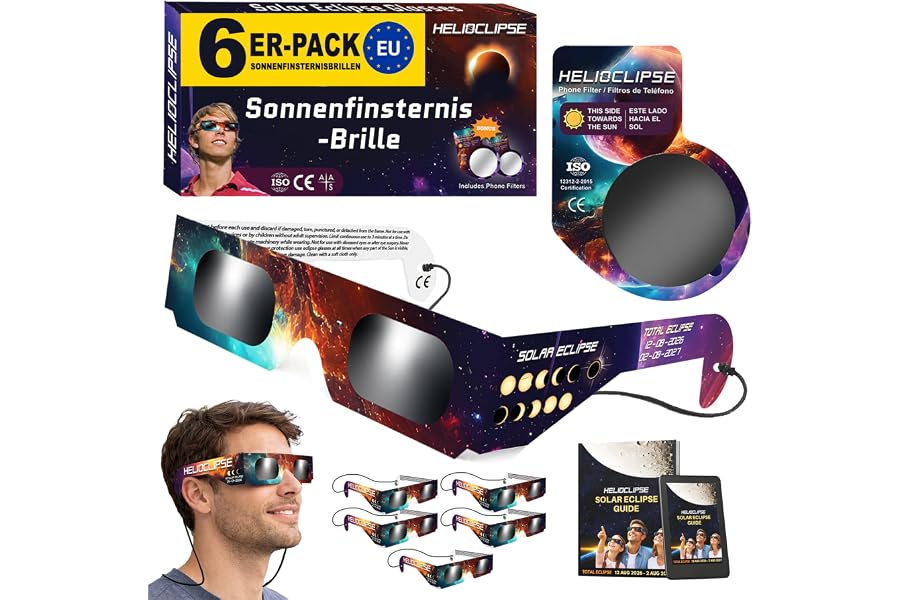 Helioclipse 6/12/25/50/100 Sonnenfinsternis Brille ISO 12312-2 Zertifiziert 2026 - Brillen Sonnenfinsternis - Schutzbrille fü
