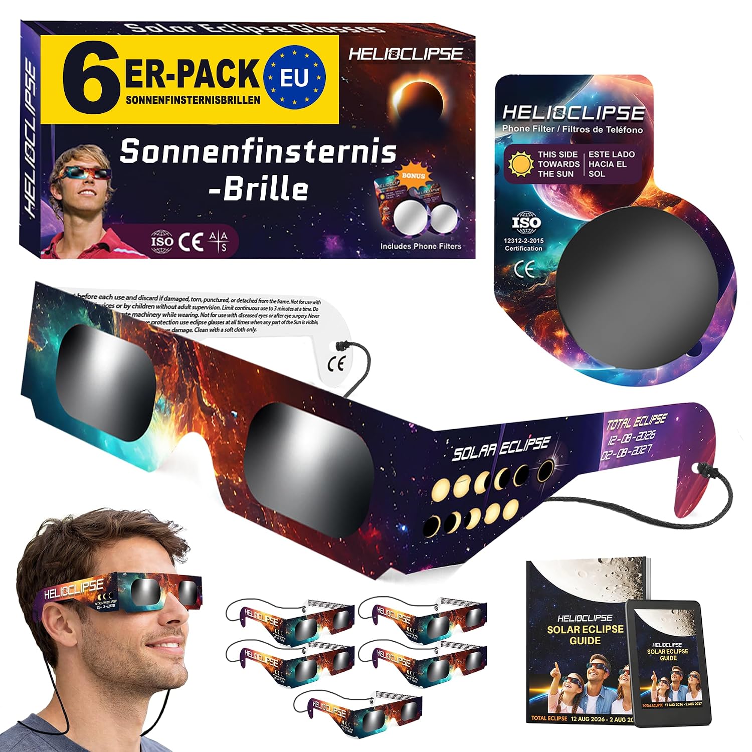 Helioclipse 6/12/25/50/100 Lunette Eclipse Solaire 2026 ISO 12312-2 - Lunettes Eclipse Solaire - Lunette pour Eclipse Solaire