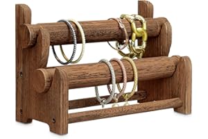 Ikee Design Wooden 2-Tier Bar Bracelet/Bangle Jewelry Holder Stand Display Organizer, Wood Bracelet Bangle Holder, Brown Color, 11 3/4 W x 5 3/8 D x 8 H in