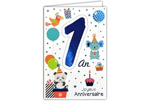 Afie 69-2100 Carte Joyeux Anniversaire 1 an Bleu Brillant Bébé Garçon Fille