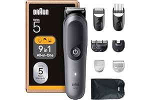 Braun Recortadora Todo En Uno Series 5, AIO5545, Kit De Styling 9en1 Para Barba, Pelo, Orejas, Nariz y Cuerpo, 120 Min, Cortapelos Hombre Con Lámina Ultra Afilada, Recorte Preciso Y Eficiente, Gris