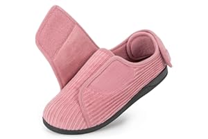 HomeTop Women's Corduroy Slippers Comfy Adjustable Hook and Loop Memory Foam Indoor Closed-back House Shoes for Diabetic Swollen Feet