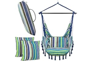 VITA5 Silla Colgante Exterior para Relajarse – Silla Columpio Jardín con 2 Cojínes – Silla Hamaca Colgante con Barra Seguridad de Acero – Peso máx 200kg – Sillas Balancin de Jardin fácil de Ajustar