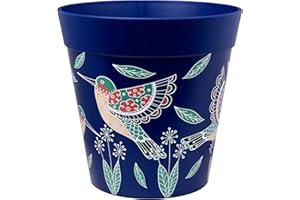 Hum Flowerpots, 22cm, Various Patterns Colours and Sizes, Indoor/Outdoor Plastic Plant Pot, Blue Hummingbird