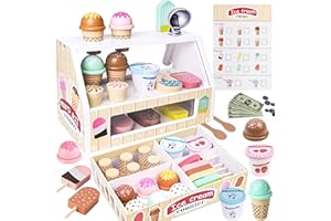 Zabatoco Eisdiele Kinder Holz, 38 Stück Kinderküche Zubehör, EIS Spielzeug für Kinder, Holzspielzeug ab 3 Jahre, Jungen und Mädchen Kinderspielzeug für Weihnachten zur Förderung der Kreativität