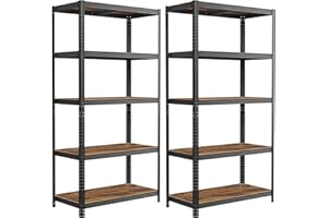 SONGMICS Set of 2 Shelving Units, 50 x 100 x 200 cm, 875 kg Load Capacity (175 kg per Shelf), Industrial, Adjustable Storage Shelves, for Living Room, Kitchen, Garage, Rustic Brown and Black GLR050B12