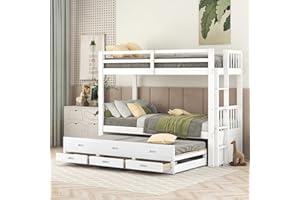 KECDUEY Etagenbett 90x200cm, Kinderbett, Hausbett für Mädchen und Jungen, Bettgestell aus Kiefer und MDF mit Leiter undausziehbarem Bett und 3 Schubladen, weiß