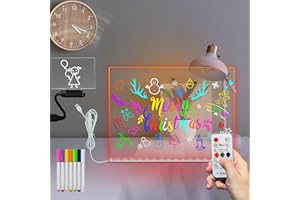 Masshomi 15 * 11 inch 7 Color Change LED Glowing Message Acrylic Writing Board dimming Remote Control Timer Plug in 7 Color Markers Kid draw Painting Bedside Lamp Memo Menu To do listing