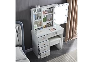 Saihemei Dressing Table with LED Light Bulbs, Vanity Desk with Adjustable Brightness Sliding Mirror, Makeup Desk with Drawers for Girls