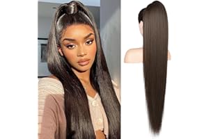 ‎FLUFYMOOZ Flufymooz Ponytail Extension Pferdeschwanzverlängerung, 91 cm langer gerader Pferdeschwanz mit Kordelzug, Lockiger Pferdeschwanz Synthetisches Haarteil für Damen(Schwarz Braun)