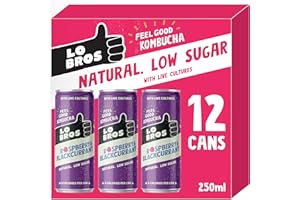 Lo Bros Kombucha - Raspberry & Blackcurrant - Sparkling Refreshing Drink with Natural Ingredients and Live Cultures, Supports Gut Health, Low Sugar, Vegan, Gluten Free - 12 x 250ml
