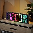 JALL 10.5'' Digital Large Alarm Clock with 8-in-1 RGB Colors, Date, Month, Temperature LED Display, Auto DST, Modern Decor for Desk, Wall, Living room, Bedroom, Gift, Elderly (Black, 10.5'')