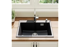 HOROW Granite Single Bowl Reversible Black Kitchen Sink 60x45 cm,Push-to-Drain/Store Water, No Extra Drain Plug Needed, Scratch-Resistant, Stain-Proof, Self-Healing,with Drain Fittings & Overflow