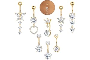 ORAZIO 8 Pcs Dangly Belly Button Bars Gold Surgical Steel Belly Bars Silver Butterfly Heart Zircon Belly Button Piercing Gold Belly Bar Blue Pink Belly Piercing for Women