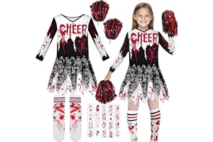 Giugio Zombie cheerleaderkostym för barn - 5 delar - Zombie cheerleader-kostym - Skräckkostym - Skrämmande kostym för karneval, fest, cosplay, temafest