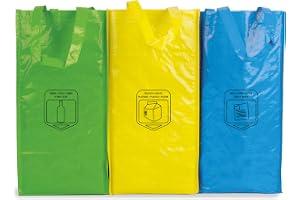 Återvinningssoppåse-set, 3 påsar, förpackning med återvinningspåsar, blå, grön och gul, för återvinning av plast, glas, papper och kartong, hållbar, 23 l, med handtag.